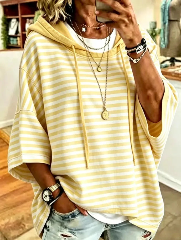 Women's New Loose Casual Striped Hooded Sweatshirt With Three-Quarter Sleeves