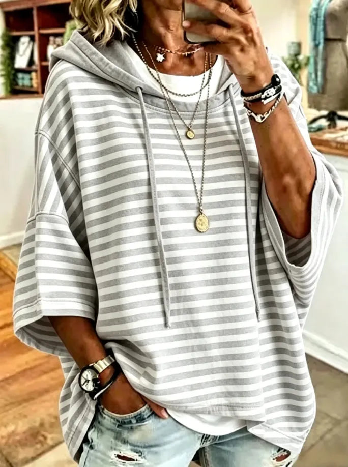Women's New Loose Casual Striped Hooded Sweatshirt With Three-Quarter Sleeves
