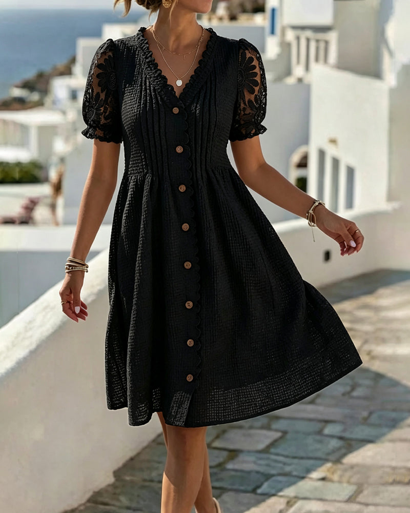 Puff Sleeve Sunflower Lace Patchwork Dress