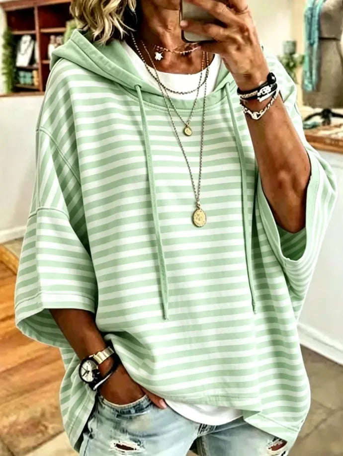 Women's New Loose Casual Striped Hooded Sweatshirt With Three-Quarter Sleeves