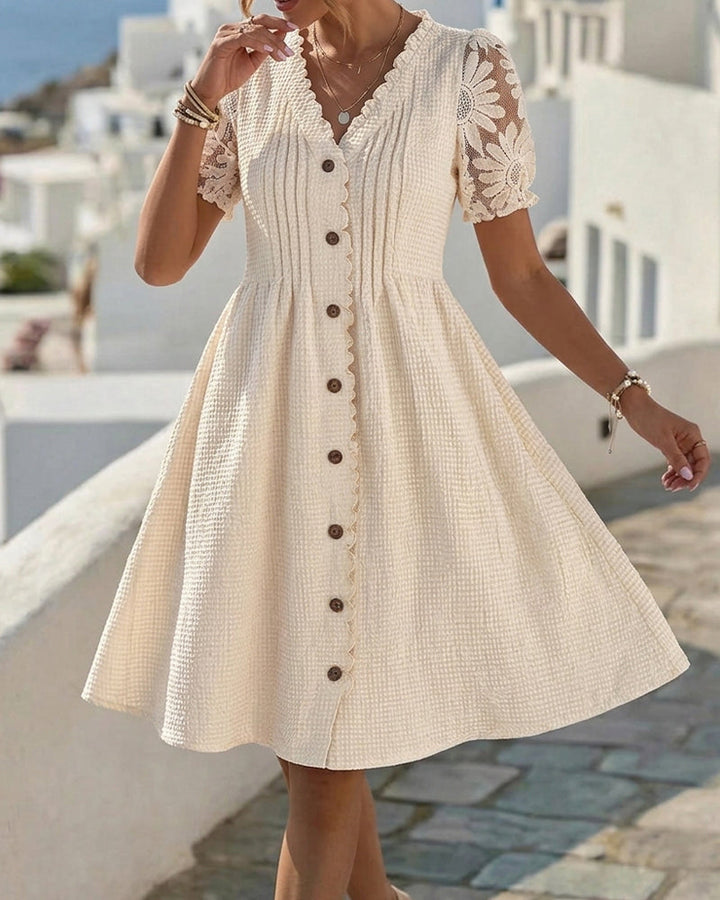 Puff Sleeve Sunflower Lace Patchwork Dress