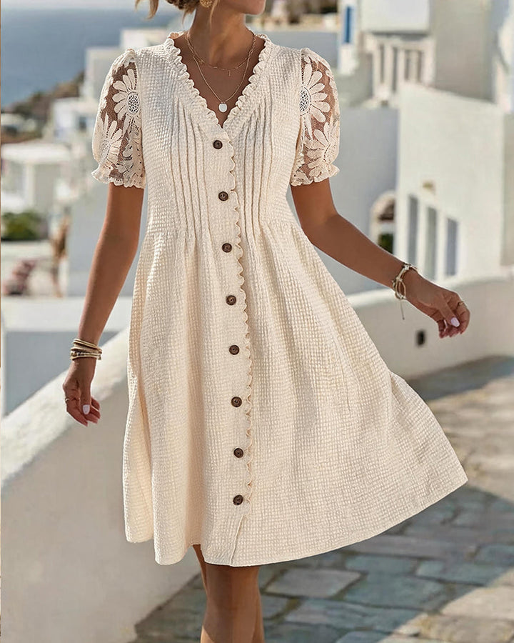 Puff Sleeve Sunflower Lace Patchwork Dress