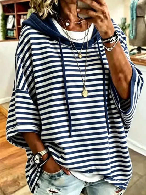 Women's New Loose Casual Striped Hooded Sweatshirt With Three-Quarter Sleeves