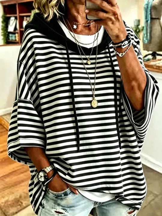 Women's New Loose Casual Striped Hooded Sweatshirt With Three-Quarter Sleeves