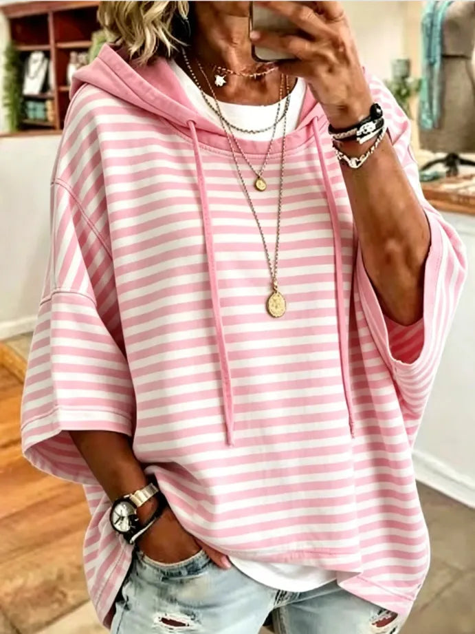 Women's New Loose Casual Striped Hooded Sweatshirt With Three-Quarter Sleeves