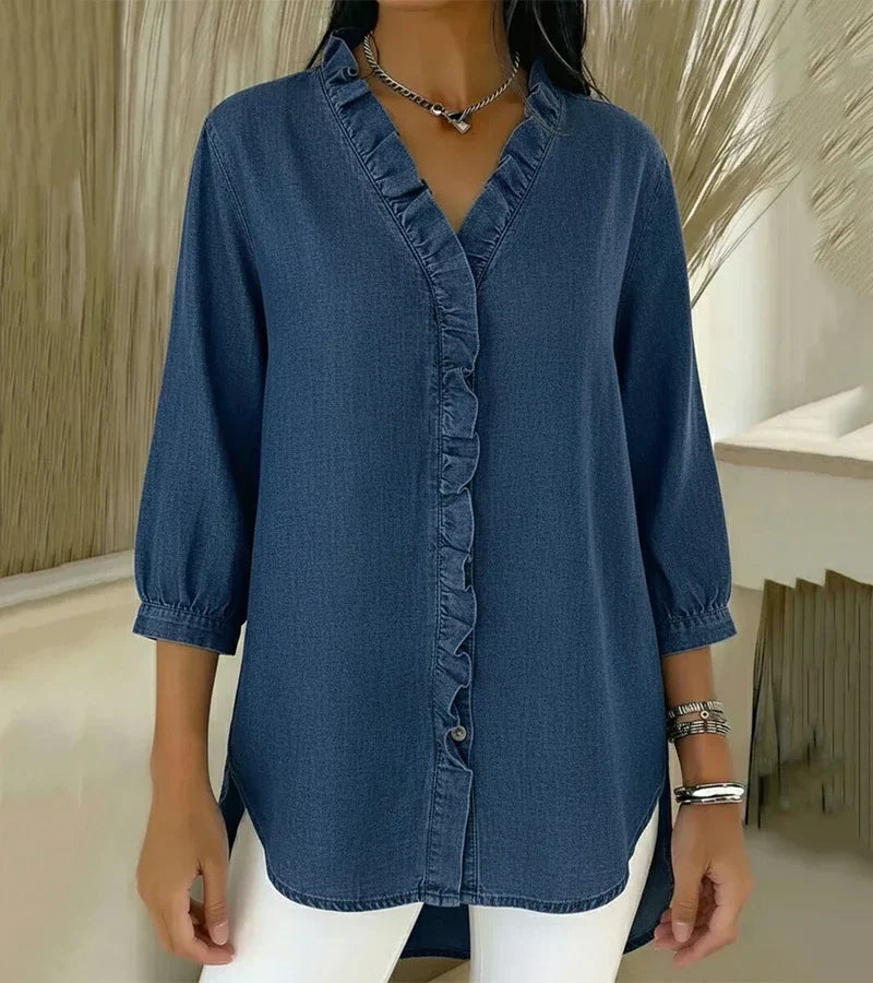 Adele | Fluid Denim Blouse with V-Neck and Ruffles
