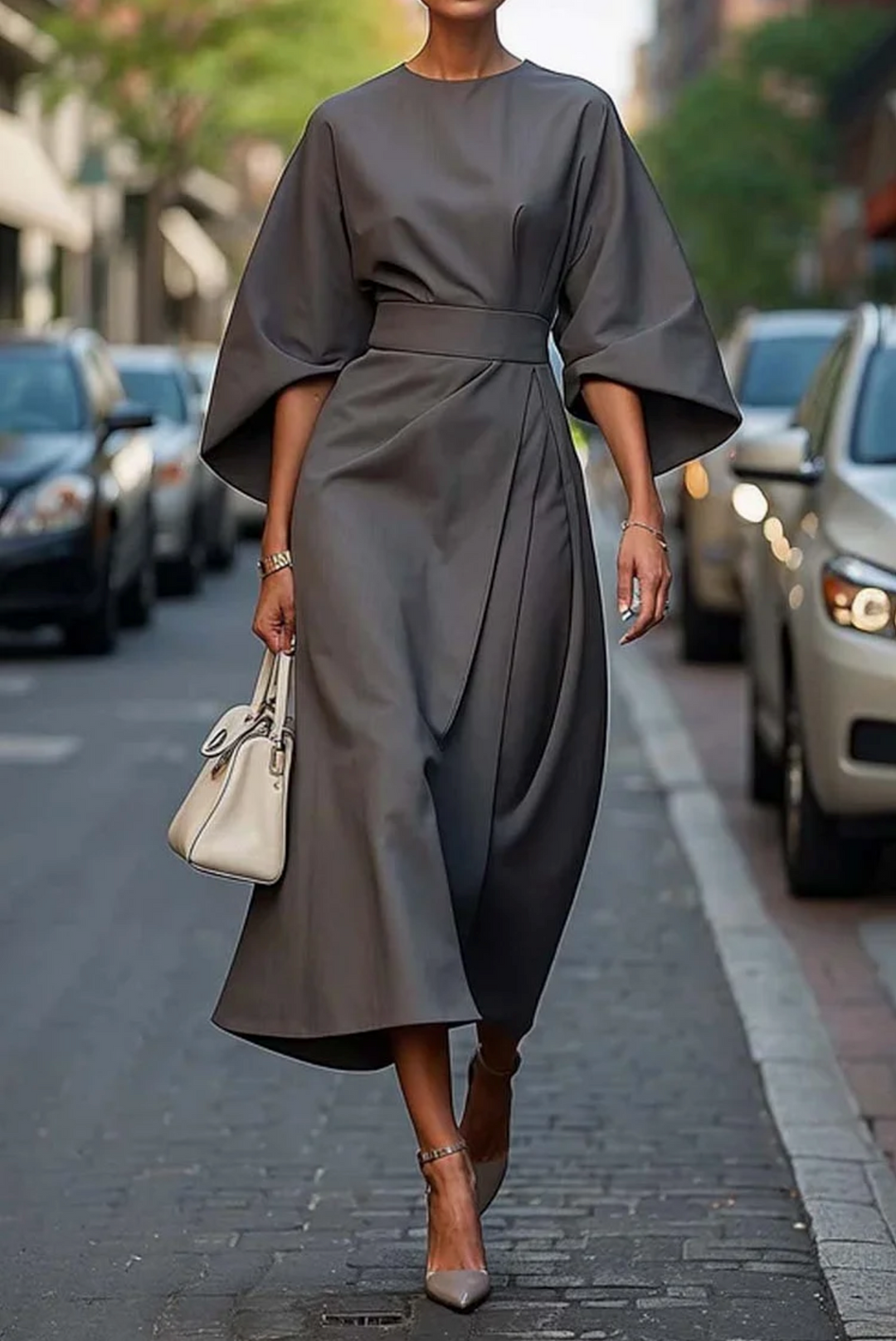 Grace | Elegant Dress with Lantern Sleeves and Belt
