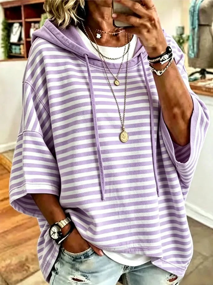 Women's New Loose Casual Striped Hooded Sweatshirt With Three-Quarter Sleeves