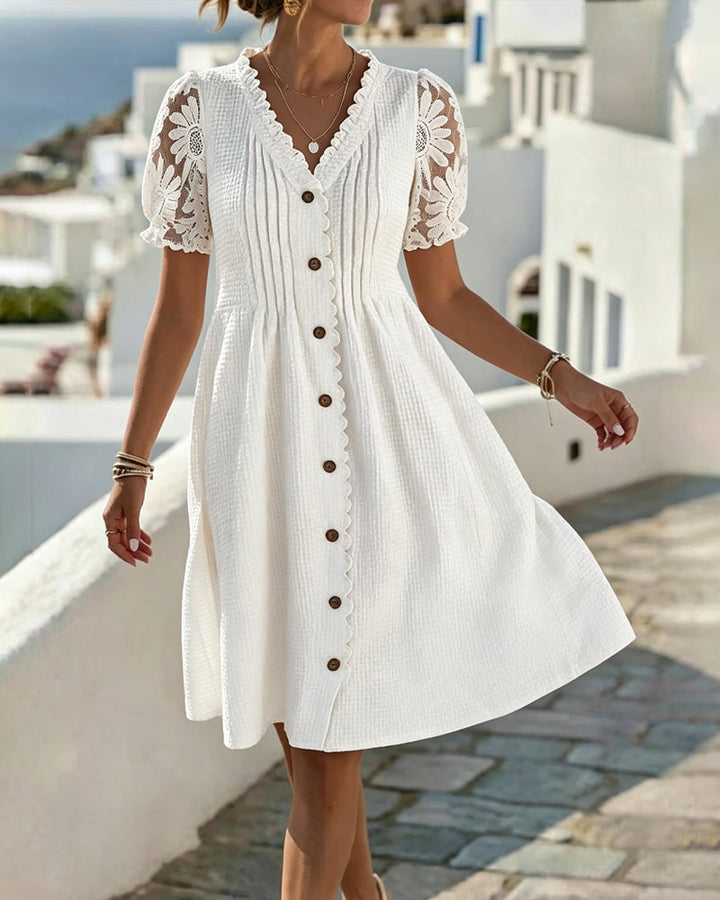 Puff Sleeve Sunflower Lace Patchwork Dress