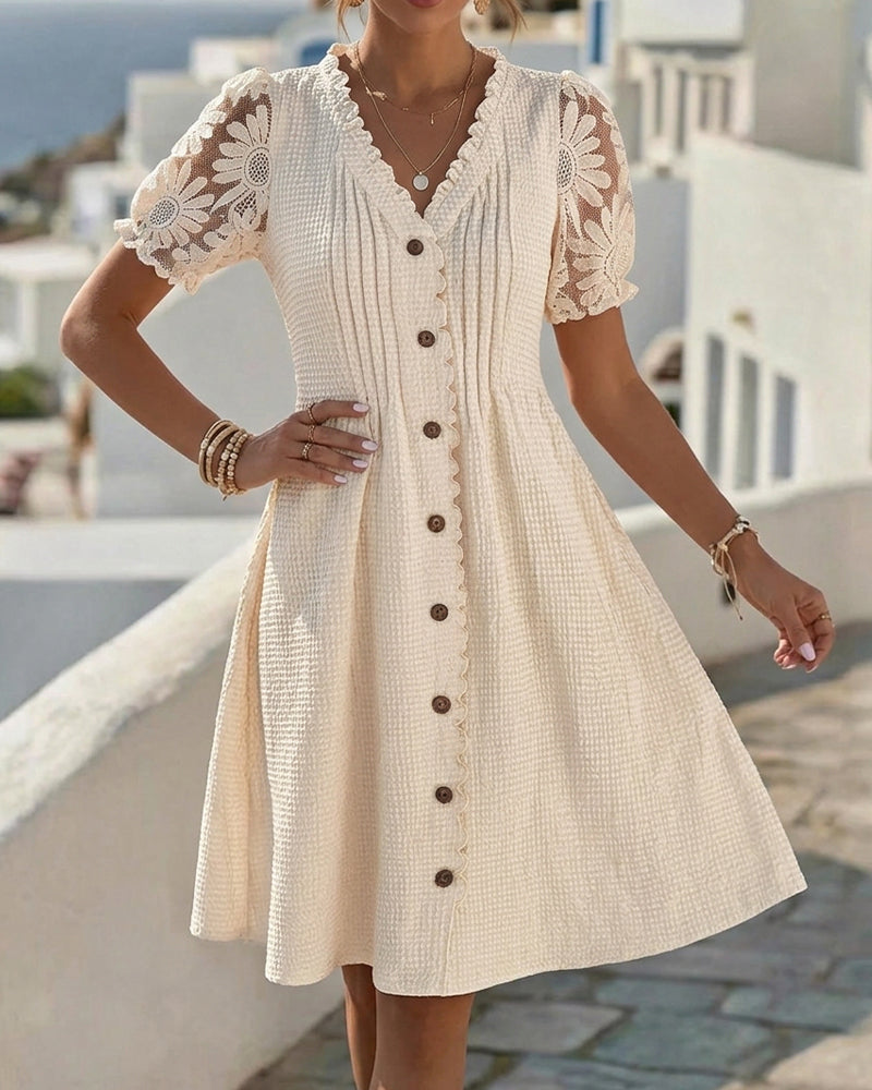 Puff Sleeve Sunflower Lace Patchwork Dress