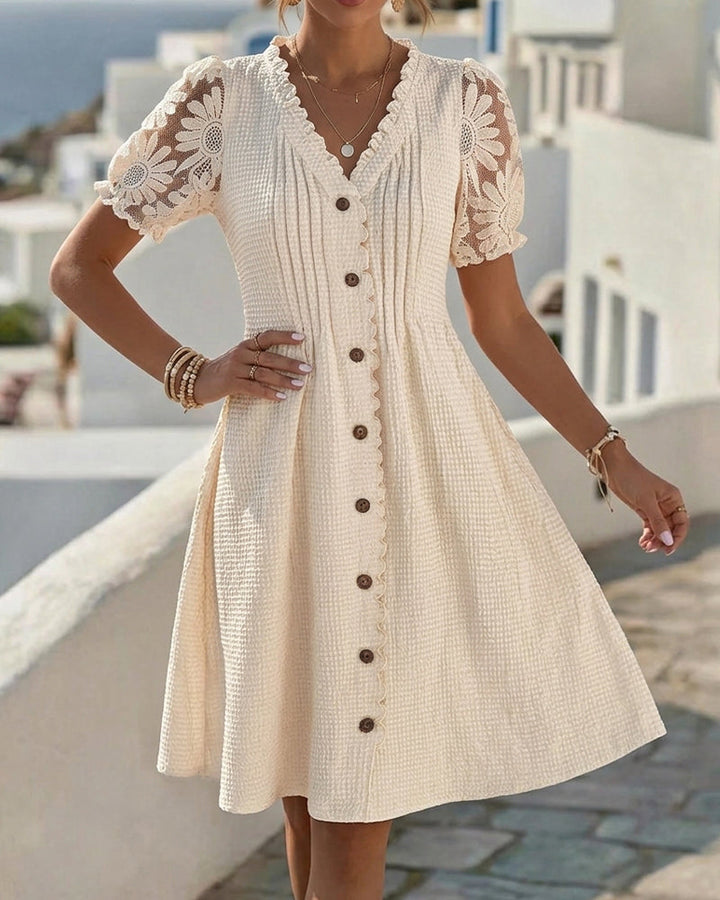 Puff Sleeve Sunflower Lace Patchwork Dress