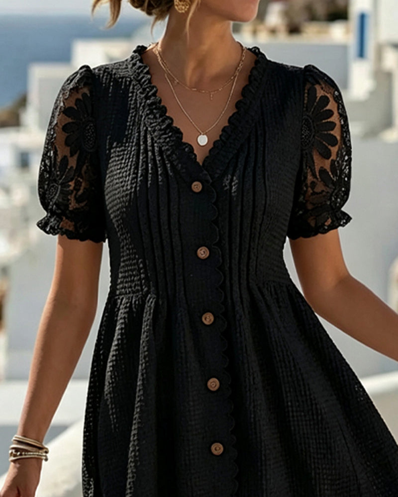 Puff Sleeve Sunflower Lace Patchwork Dress