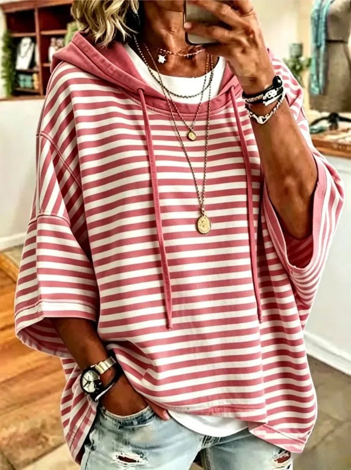 Women's New Loose Casual Striped Hooded Sweatshirt With Three-Quarter Sleeves