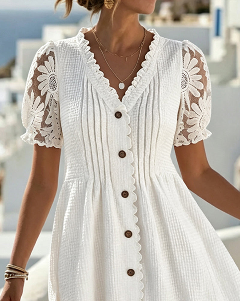 Puff Sleeve Sunflower Lace Patchwork Dress