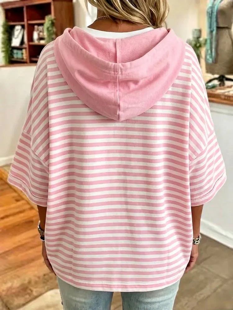 Women's New Loose Casual Striped Hooded Sweatshirt With Three-Quarter Sleeves