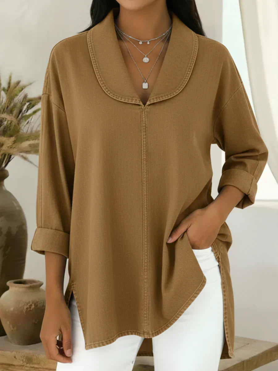 Viviane | Long Denim Blouse with Shawl Collar
